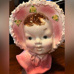 Flower Head Vase Baby Girl In Pink Bonnet Hat Vintage